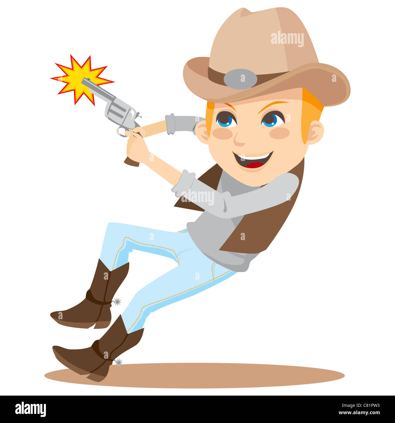 Kleiner Junge schießen mit Revolver und Cowboy-Kostüm Stockfoto