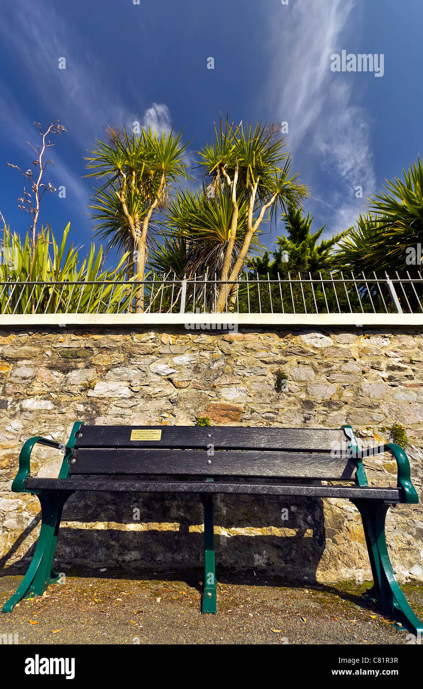 "In Memory" Bank mit Blick auf Firestone Bucht am Devils Punkt in Plymouth mit Palmen stehen in den tiefblauen Himmel hoch Stockfoto