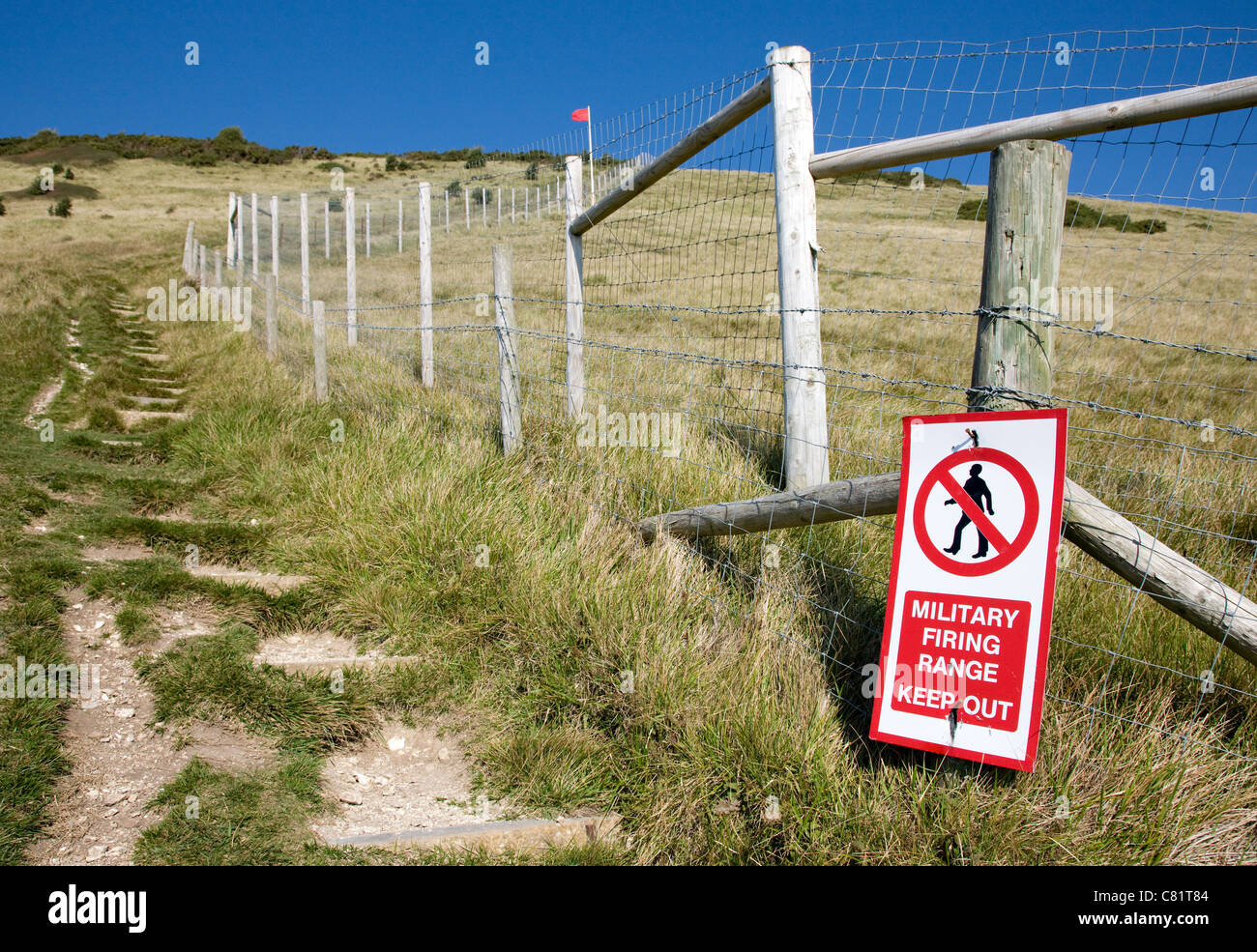 Verteidigungsministerium Zaun und halten Warnung melden auf steilen South West Coast Path bei Lulworth Cove Dorset mit roten Flagge Stockfoto