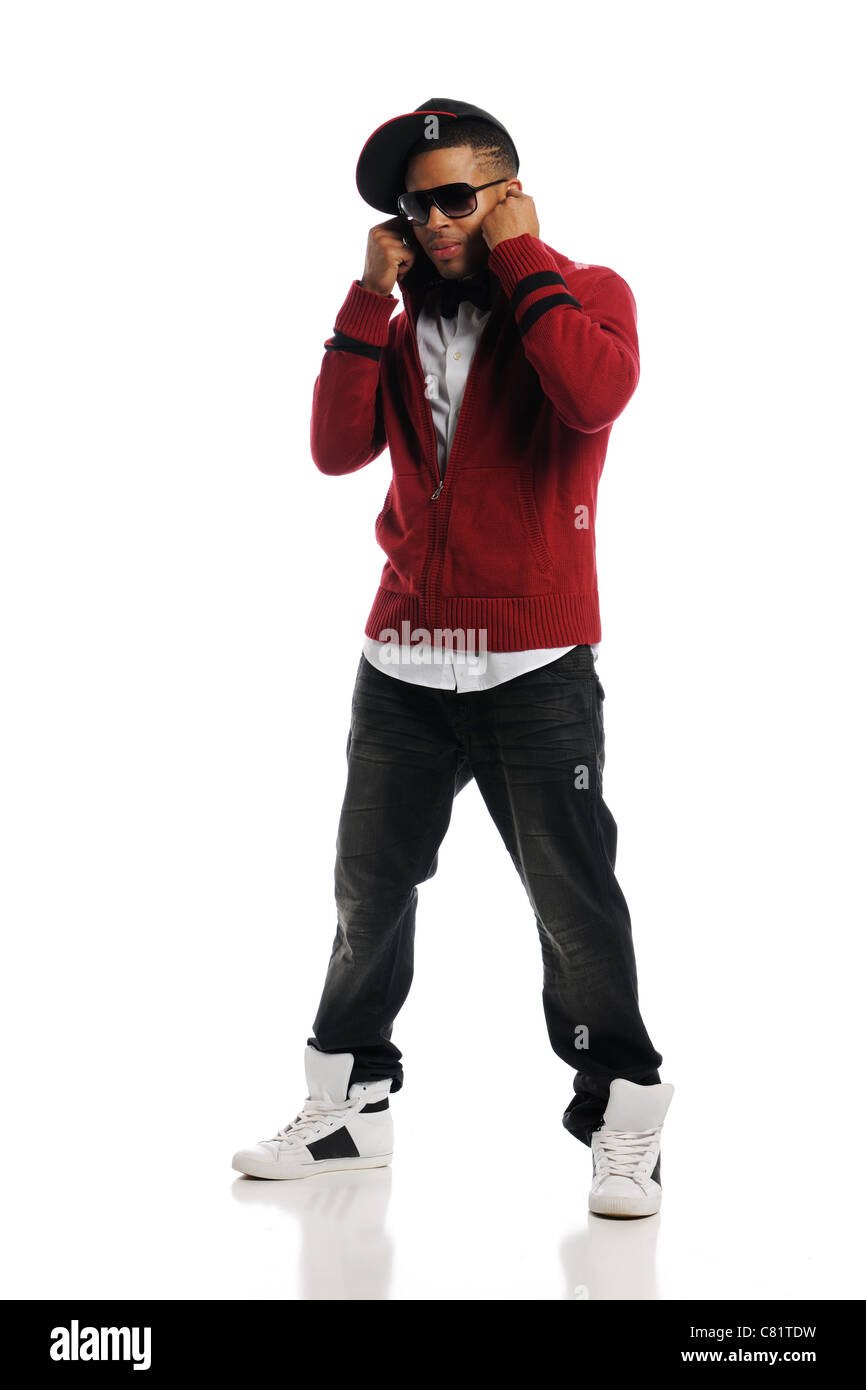 Hip Hop Tänzer Durchführung isoliert auf weißem Hintergrund Stockfoto