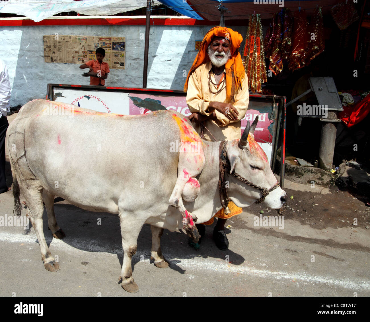 Heiliger Mann mit Heiligen fünfbeinige Kuh außerhalb Hindutempel, Hyderabad. Stockfoto