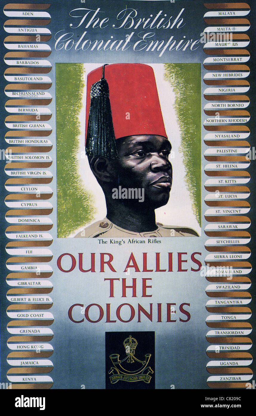Unsere Verbündeten den Kolonien - britischen WW2 Plakat unterstreichen den Beitrag des britischen Commonwealth Stockfoto