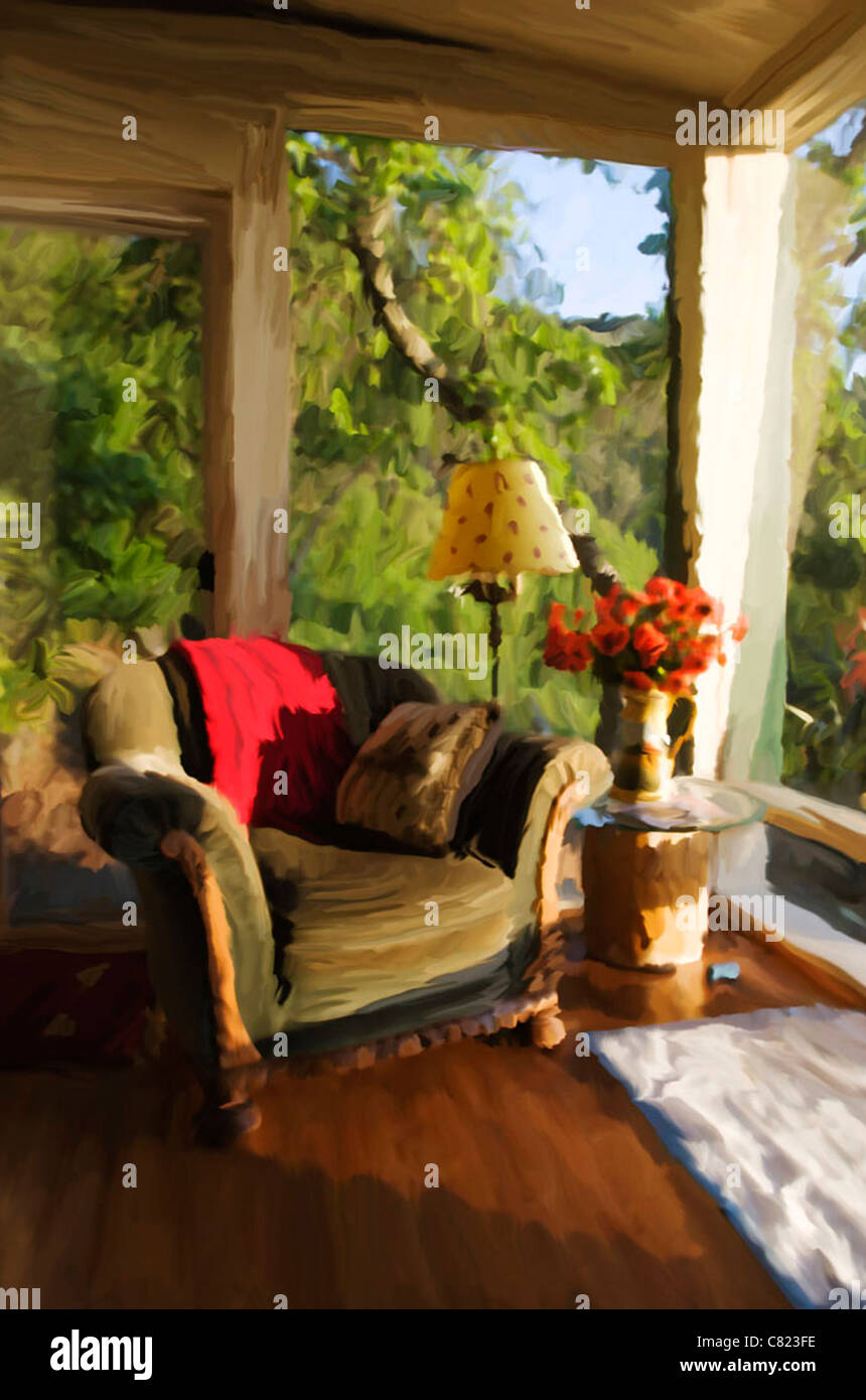 Digitales Bild des Komfort-Stuhl in der Nähe von Fenster manipuliert. Stockfoto