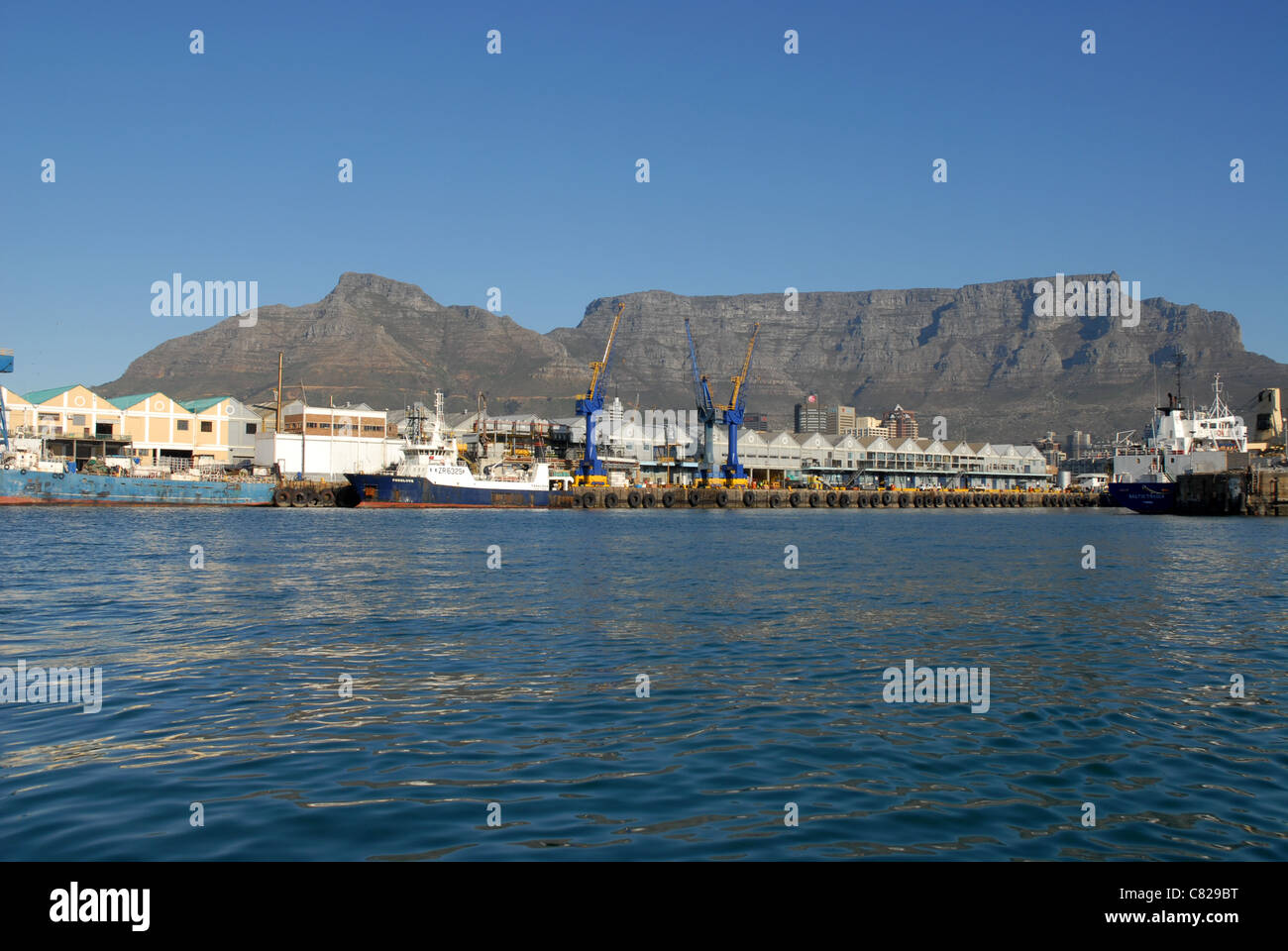 Fischerboote im Hafen mit dem Tafelberg, Kapstadt, Western Cape, Südafrika Stockfoto