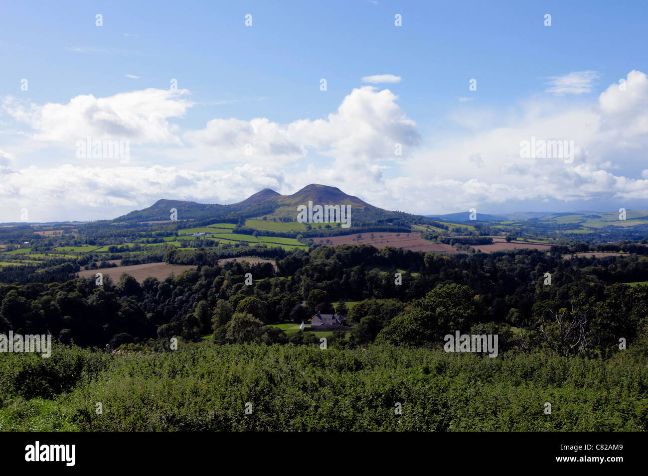 Walter Scotts Blick auf die Eildon Hills in den Scottish Borders Stockfoto