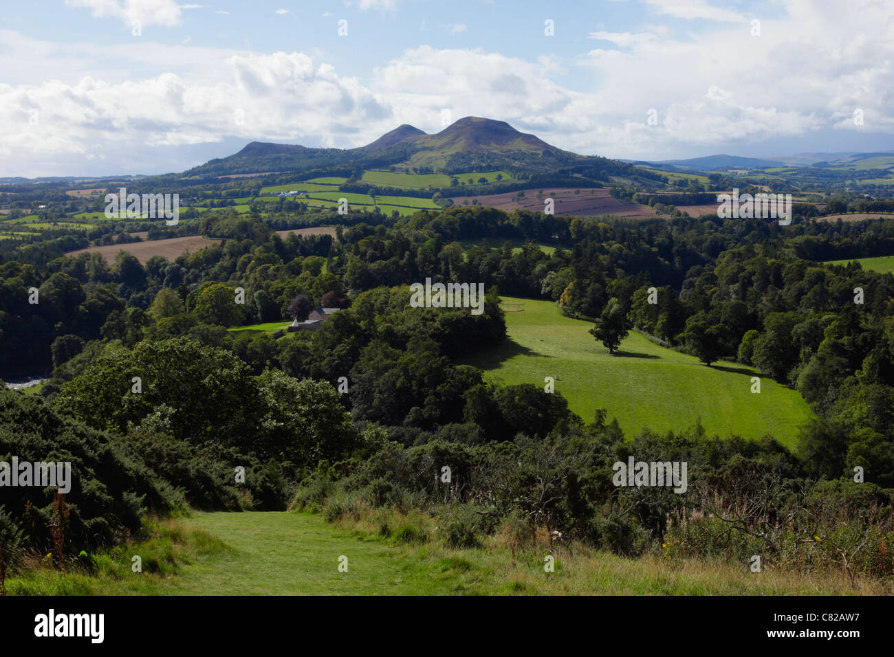 Walter Scotts Blick auf die Eildon Hills in den Scottish Borders Stockfoto