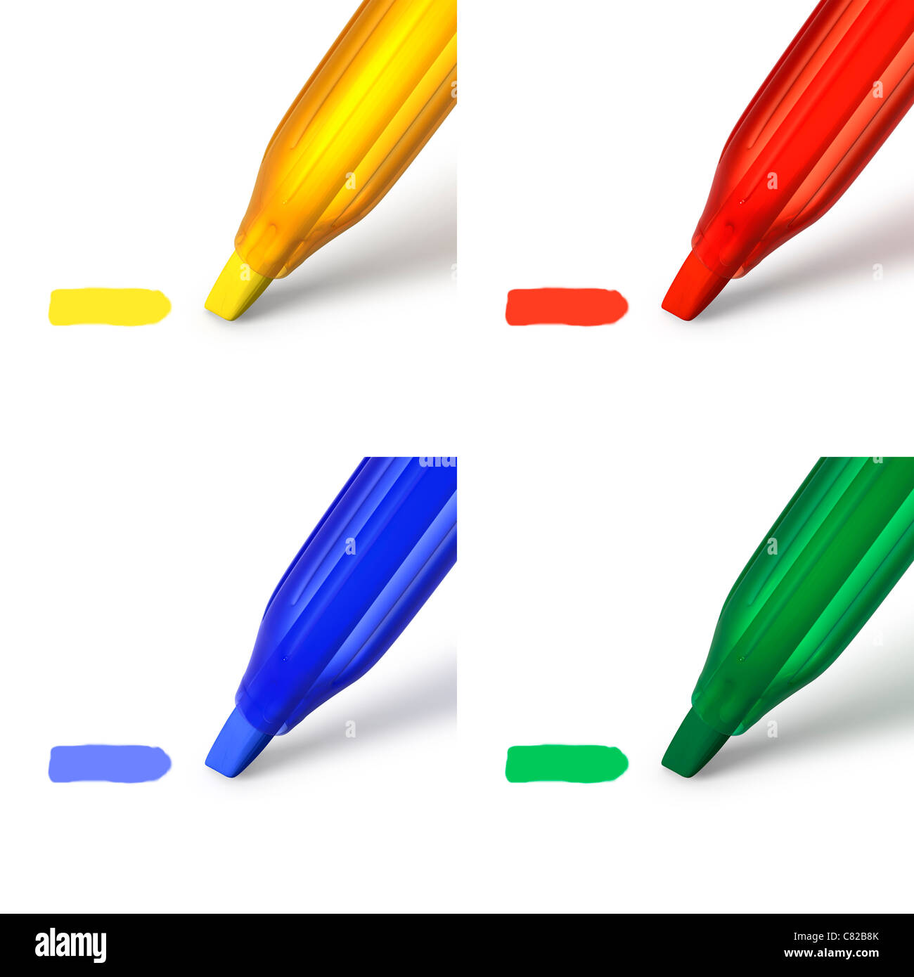 Textmarker Kugelschreiber in vier Farben rot, blau, grün und gelb hervorgehobene Fläche auf weißem Hintergrund Stockfoto