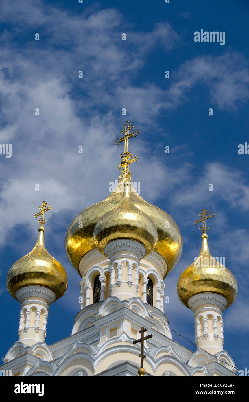 Ukraine, Yalta. Exterieur des Heiligen Alexander Nevsky Cathedral, typisch russischen Architektur, c. 1902. Stockfoto