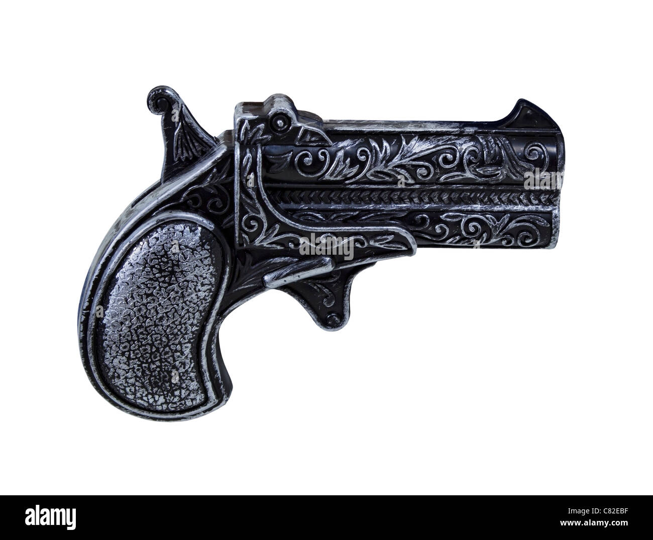 Kleine Schwarze Pistole Spielzeugpistole mit silbernen Highlights - Pfad enthalten Stockfoto