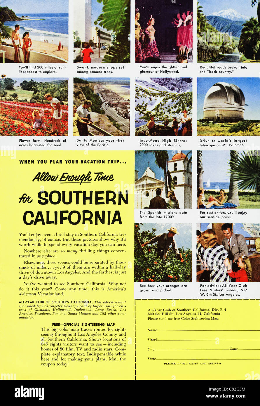 Amerikanischen Magazin Werbung ca. 1954 Werbung Urlaub in Süd-Kalifornien Stockfoto