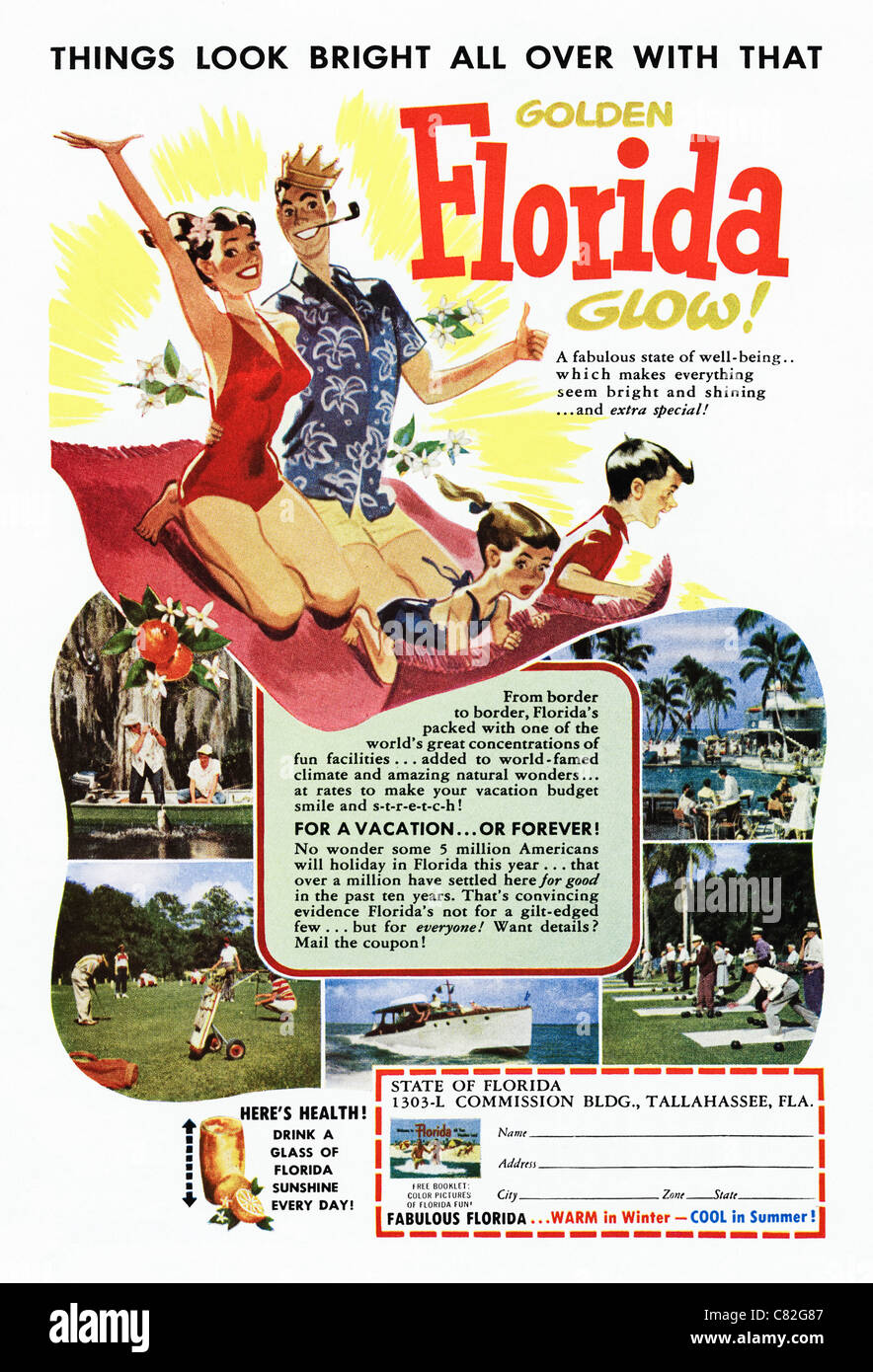 Amerikanischen Magazin Werbung ca. 1954 Werbung Familienurlaub in FLORIDA Stockfoto