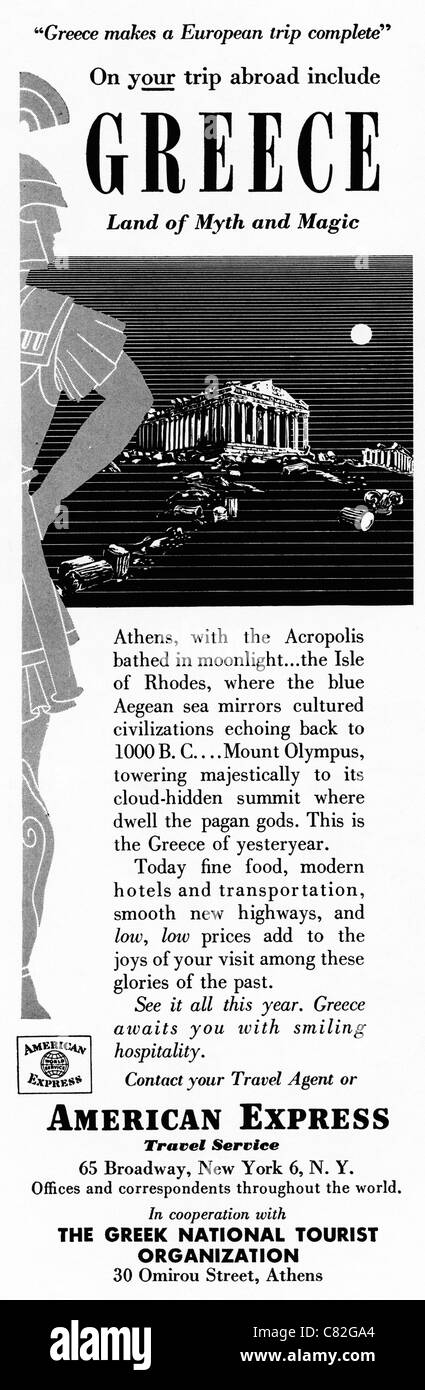 Amerikanischen Magazin Werbung ca. 1954 Werbung Urlaub in Griechenland Stockfoto