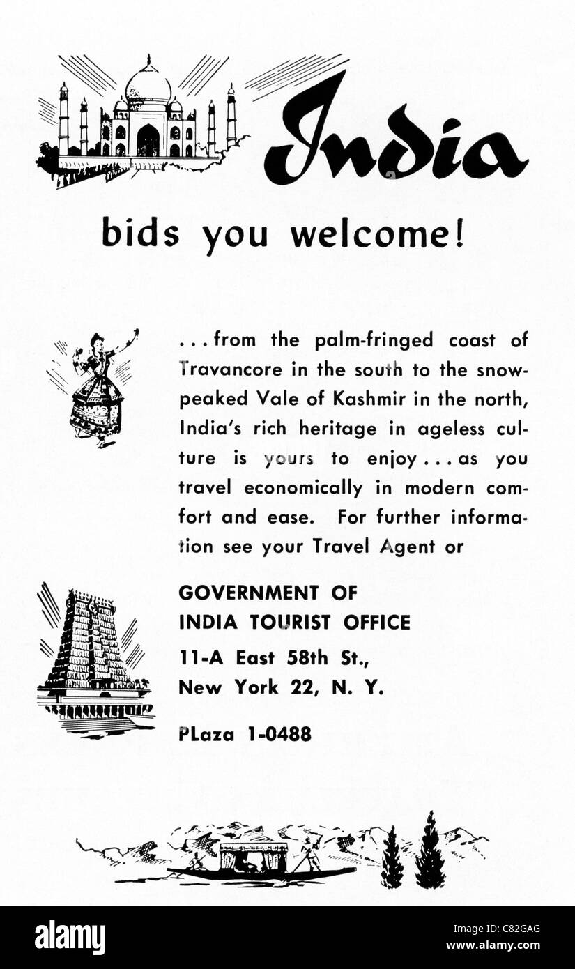 Amerikanischen Magazin Werbung ca. 1954 Werbung Urlaub in Indien Stockfoto