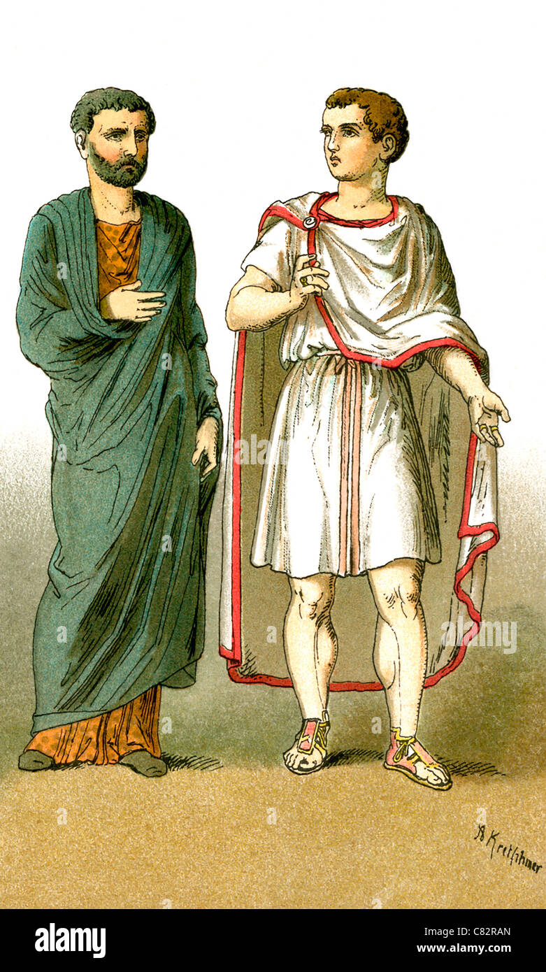 Die Zahlen stehen für antike römische Männer, von links nach rechts: ein Bürger des Imperiums, Reiter (Ritter). Stockfoto