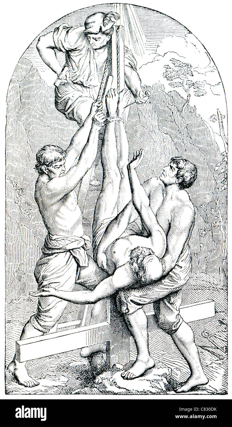 Alter Stich. Die Kreuzigung des Heiligen Petrus. Das Buch "History of the Christian Religion", 1880 Stockfoto