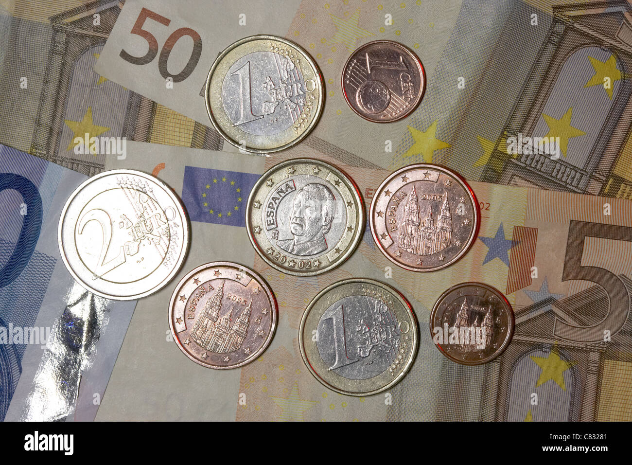 spanischen Euro-Banknoten und-Münzen Euro aus Spanien espana Stockfoto