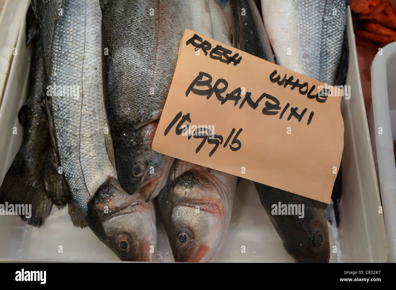 Frische ganze Branzini, Fisch am Markt Stockfoto