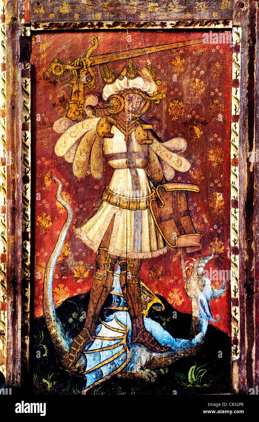 Ranworth, Norfolk, Lettner, St. George slaying The Dragon englischen mittelalterlichen Bildschirme Malerei Gemälde gemalt Panel panels Stockfoto