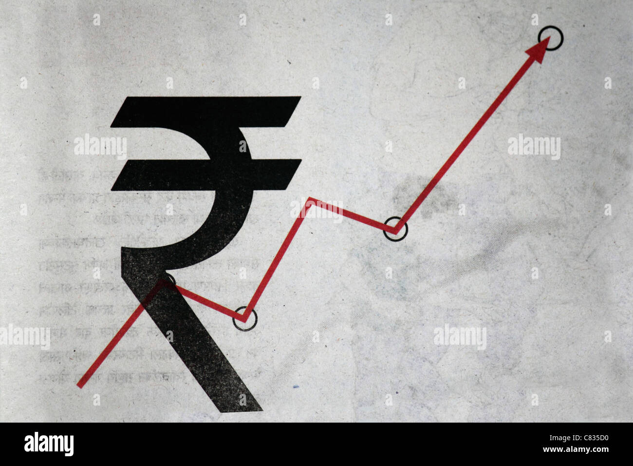 Rupie-Symbol mit Pfeil Diagramm Stockfoto