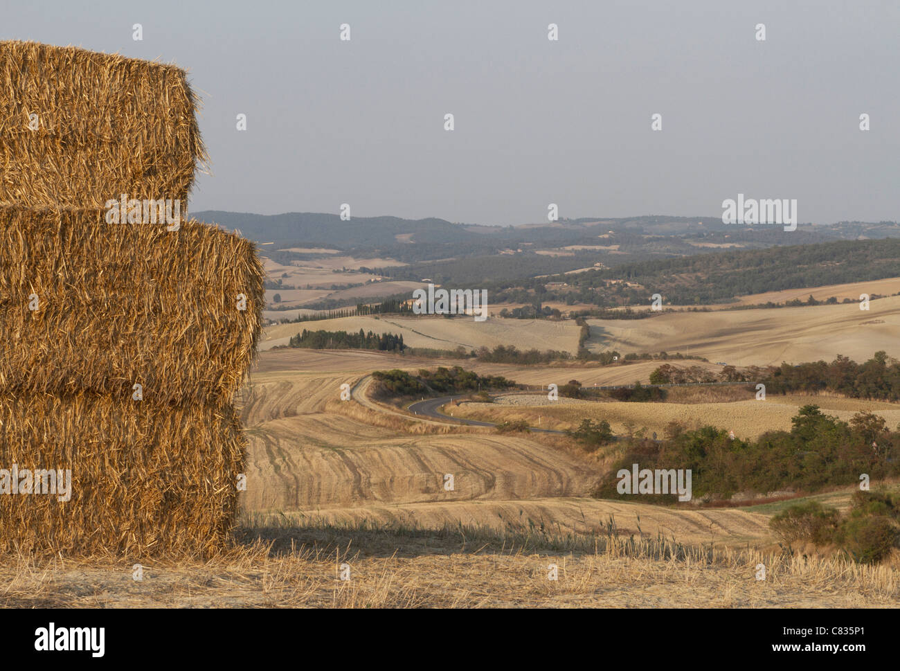 Toskanische Landschaft mit Heuballen Stockfoto