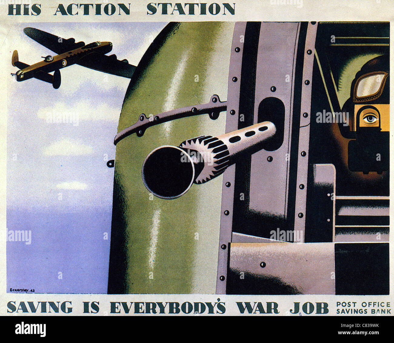 SEINE AKTION STATION... Britische 1942 Plakat entworfen von Thomas Eckersley zeigt hinten-Schütze ein Lancaster-bomber Stockfoto SEINE AKTION STATION... Britische 1942 Plakat entworfen von Thomas Eckersley zeigt hinten-Schütze ein Lancaster-bomber Stockfoto