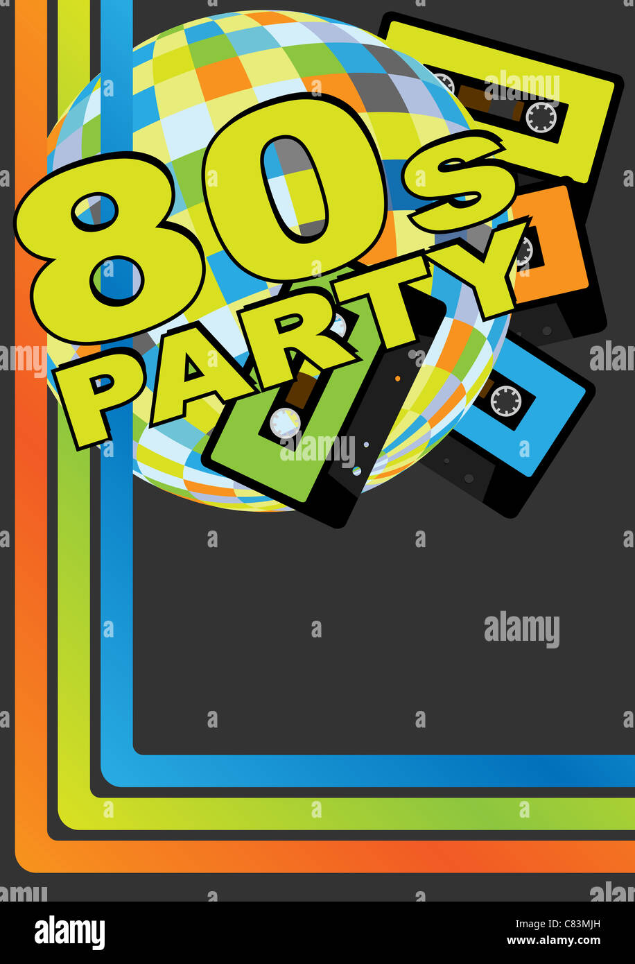 Retro-Party Hintergrund - Retro-Audio-Kassetten, Disco-Kugel und 80er Jahre Party Zeichen Stockfoto