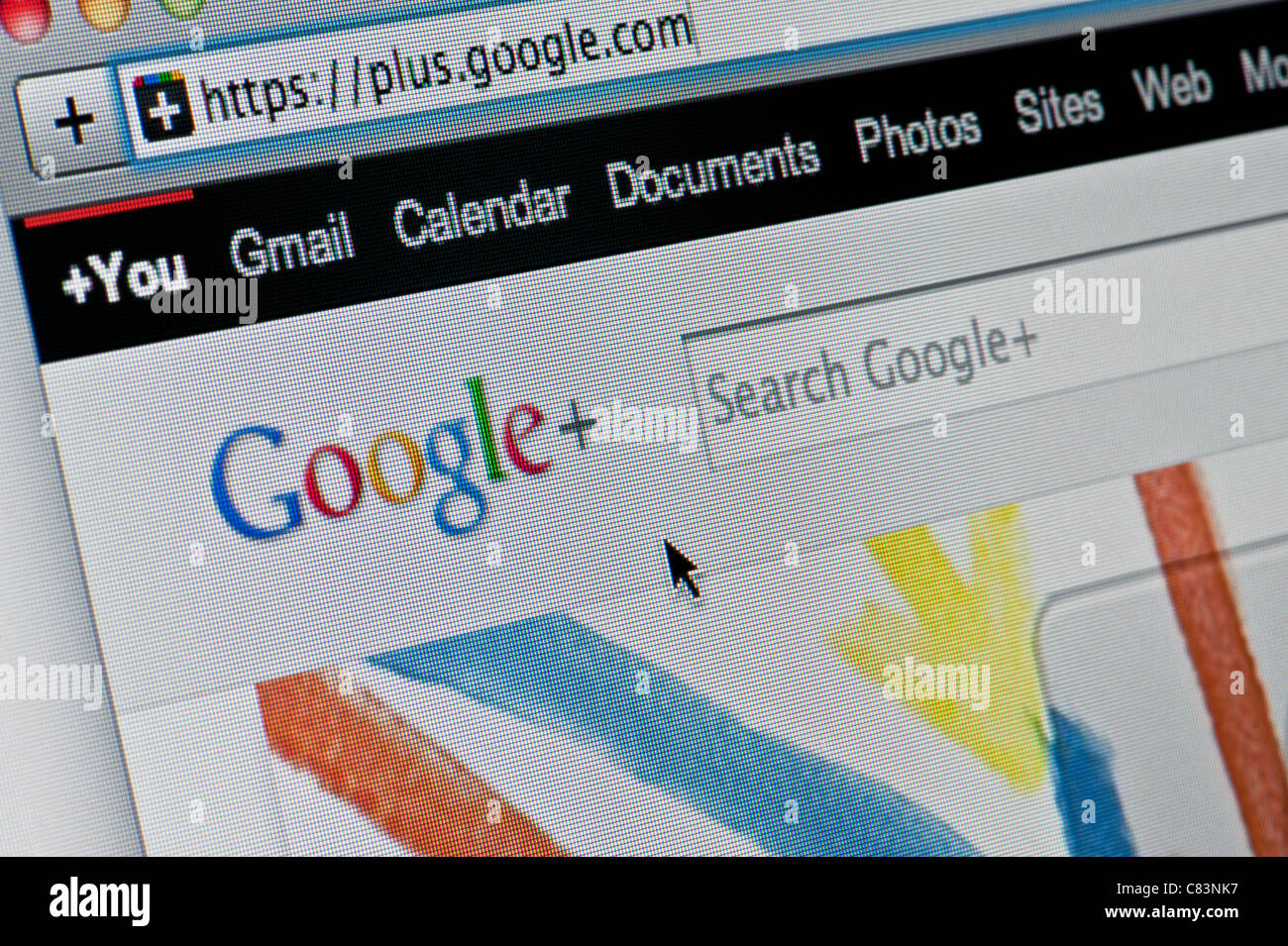 Nahaufnahme von der Google + Homepage wie auf ihrer Website zu sehen. (Nur zur redaktionellen Verwendung: print, TV, e-Book und redaktionelle Webseite). Stockfoto