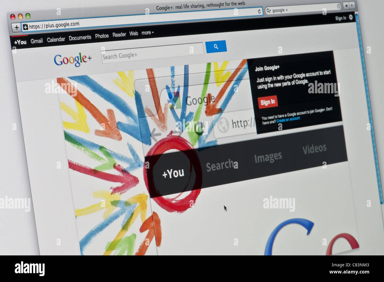 Nahaufnahme von der Google + Homepage wie auf ihrer Website zu sehen. (Nur zur redaktionellen Verwendung: print, TV, e-Book und redaktionelle Webseite). Stockfoto