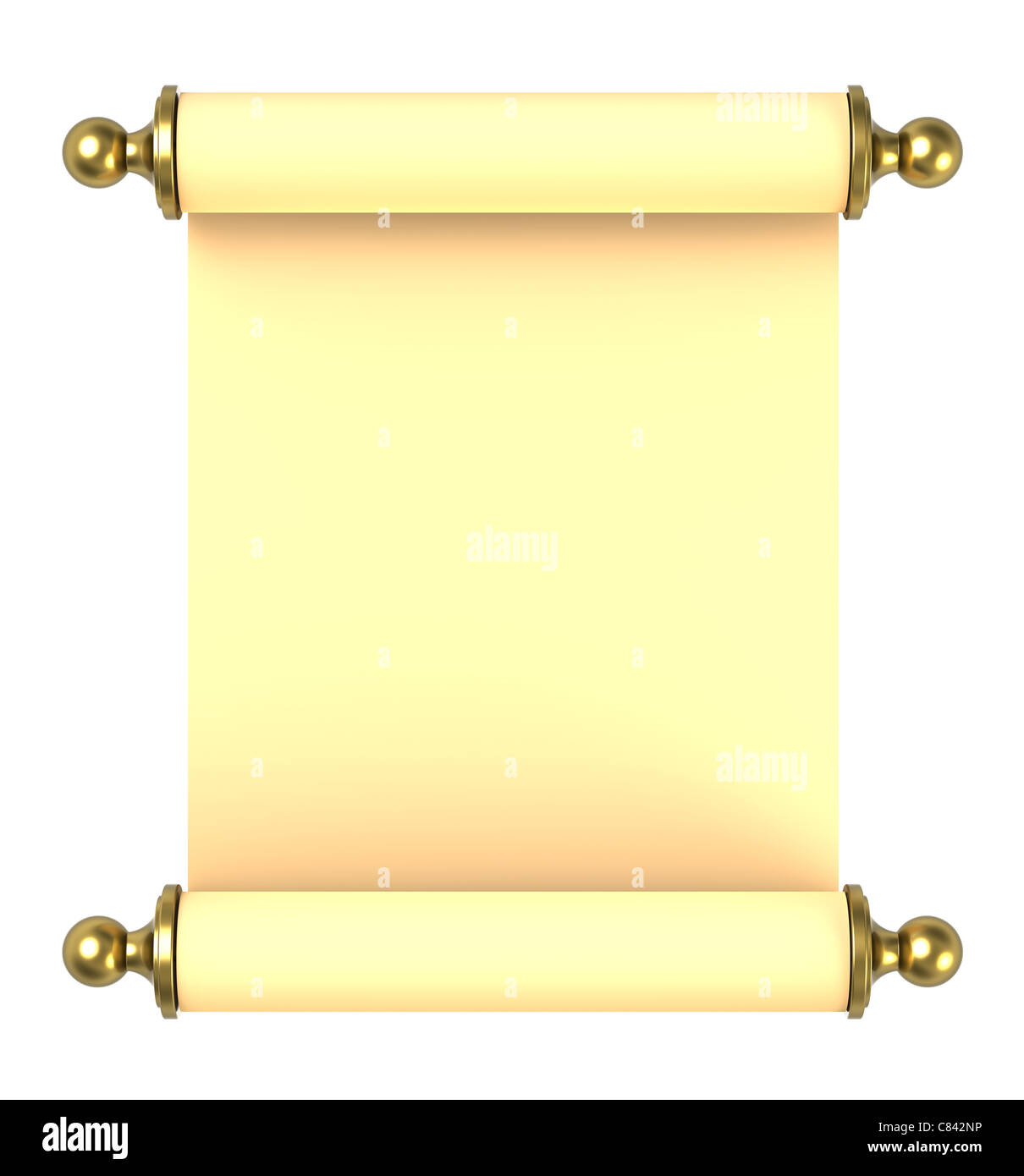 Scrollen Sie Papier mit goldenen Griffen über weiß Stockfoto