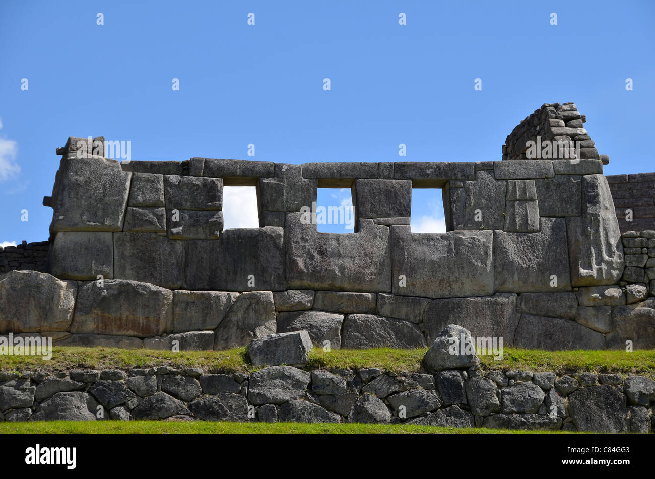 Architektur Inka Rock graue Ruine Tempel Machu Picchu Panorama Machu Picchu Macchu Pichu Unesco Weltkulturerbe Website-Stadt Ruinen t Stockfoto
