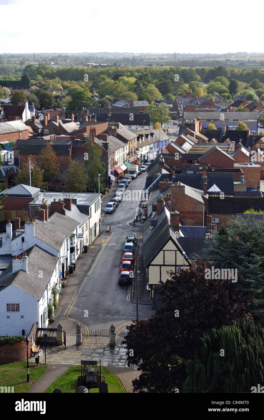 Ansicht des Stadtzentrums vom Dach der St. Marien Kirche, Lutterworth, Leicestershire, England, UK Stockfoto