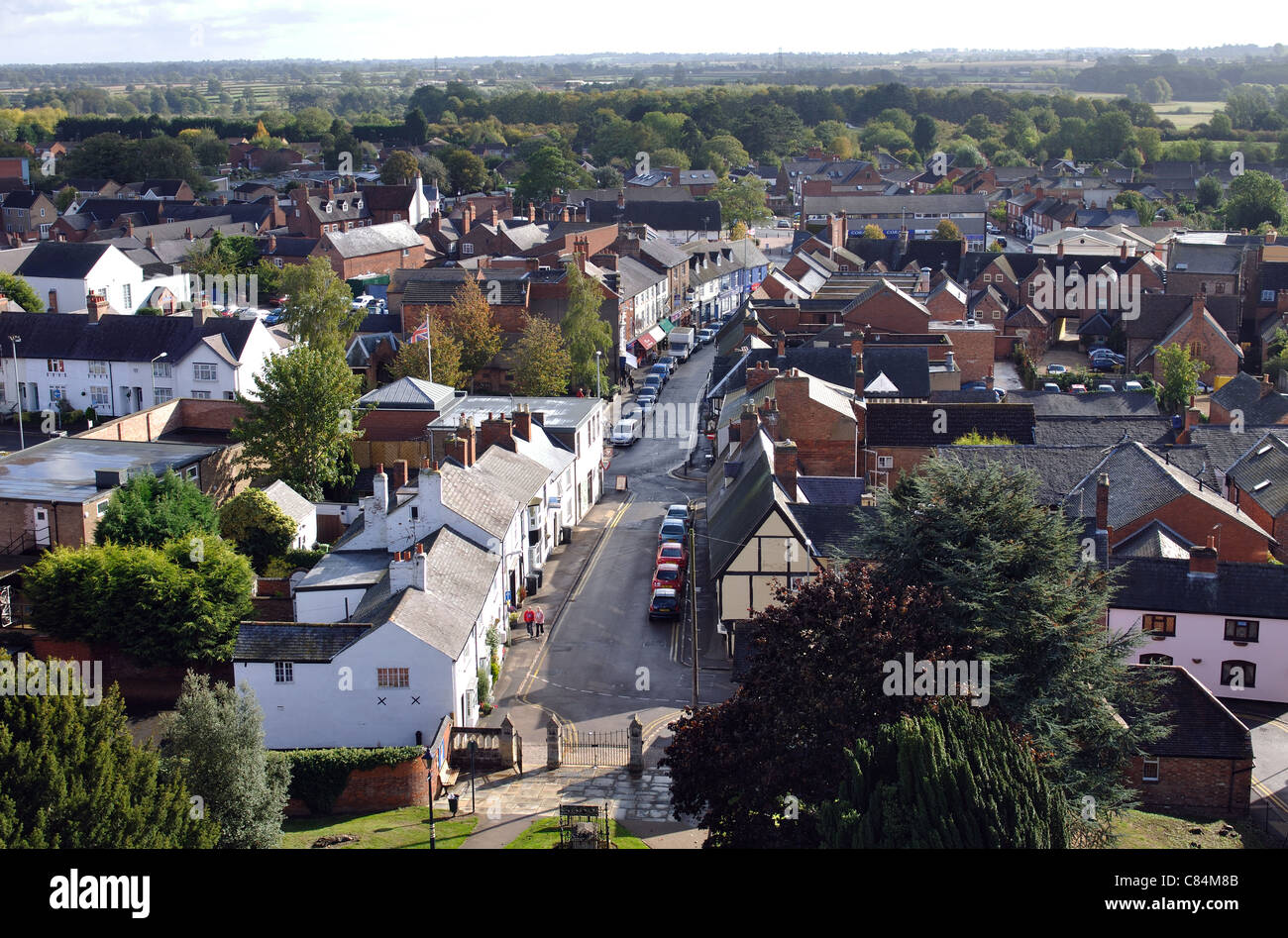 Ansicht des Stadtzentrums vom Dach der St. Marien Kirche, Lutterworth, Leicestershire, England, UK Stockfoto