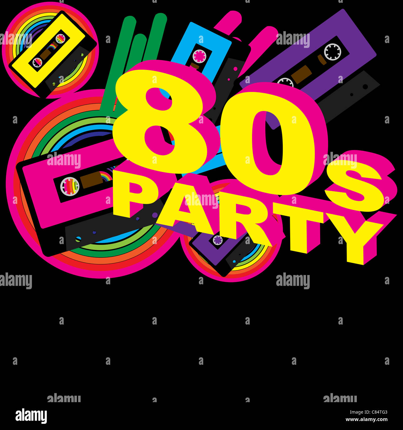 Retro-Party Hintergrund - Audio Kassette Klebeband und Disco Zeichen auf mehrfarbiger Hintergrund Stockfoto