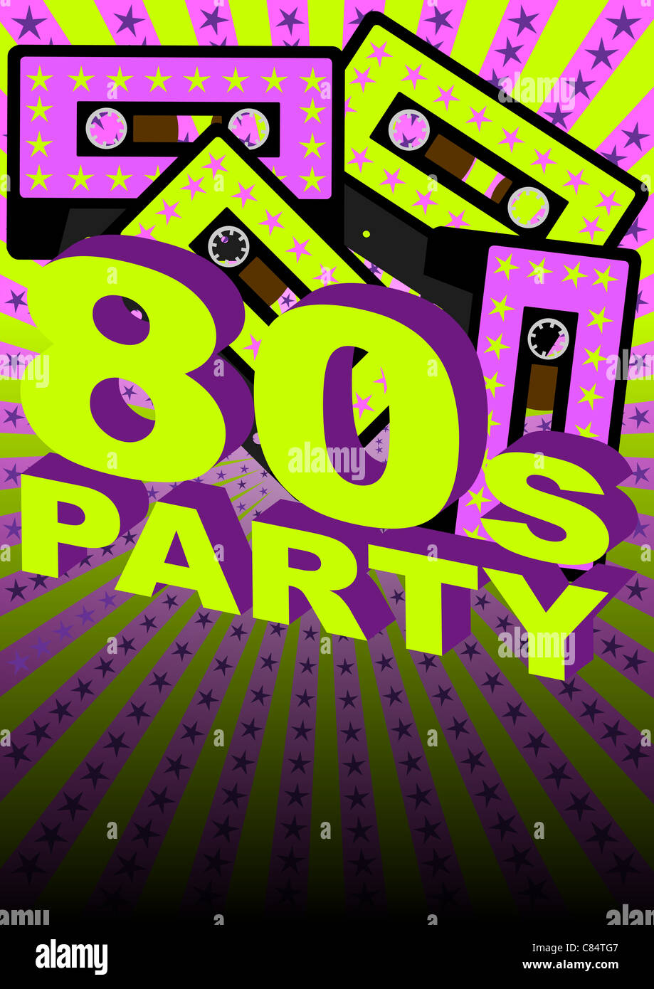 Retro-Party Hintergrund - Audio Kassette Klebeband auf Streifen und Sternen-Hintergrund Stockfoto