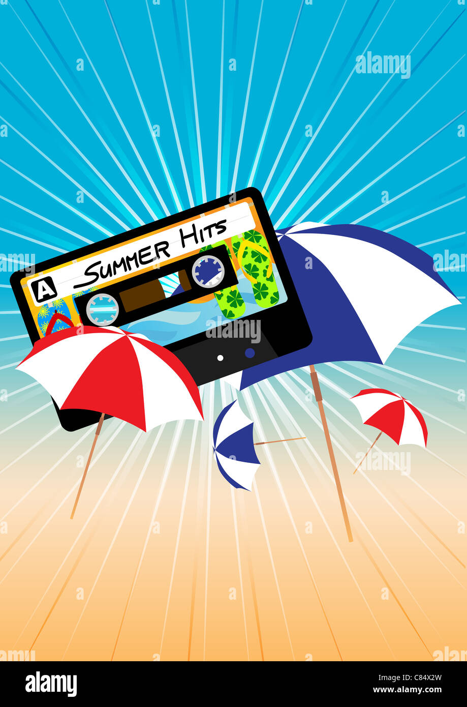 Sommerfest-Hintergrund - Strahlen der Sonne, Himmel und Sonnenschirme Stockfoto