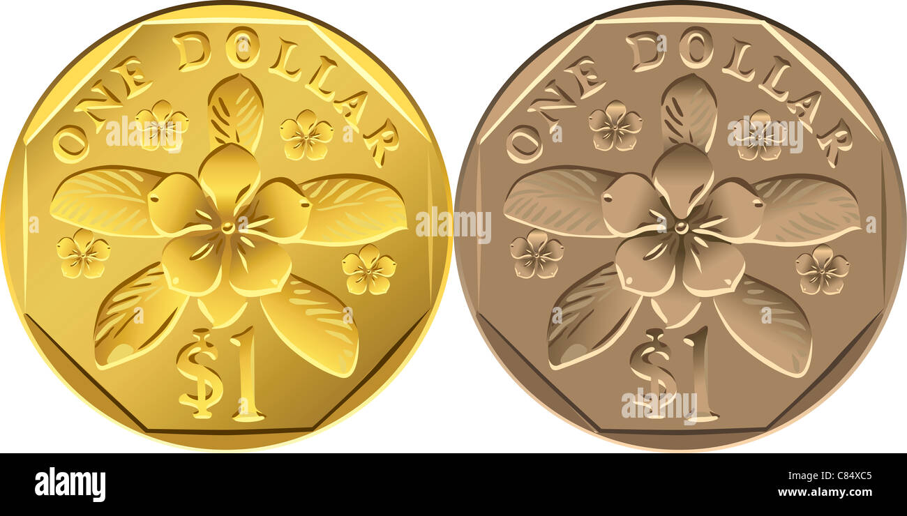 Vektor-Singapur-Dollar-Münzen verschiedener Metalle: Gold und Aluminium Bronze mit dem Bild der Blüte rosa Katarantus Stockfoto