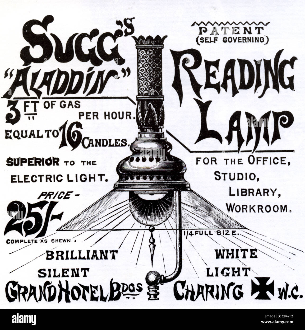 GAS-LESELAMPE 1887 Anzeige für die Sugg Aladdin Lampe Stockfoto