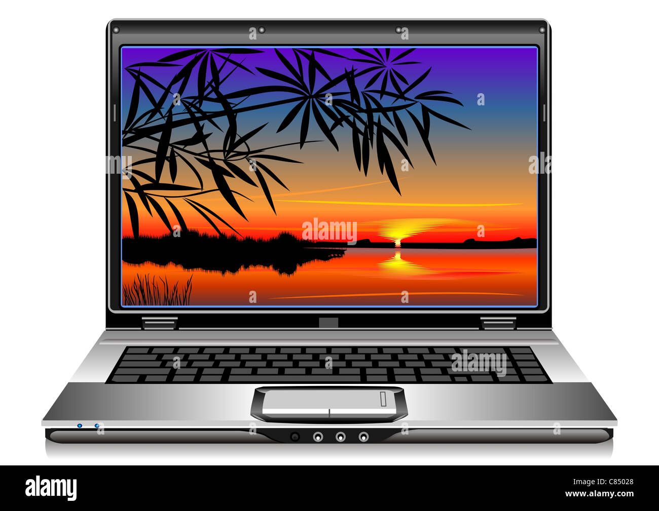 die offene Silber Laptop auf einem weißen Hintergrund Stockfoto