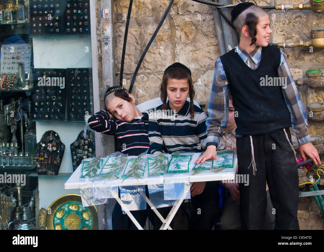 Ein ultra-orthodoxen jüdischen jungen Zweige "Aravah" in den "Vier Spesies" Markt in Jerusalem Israel Stockfoto