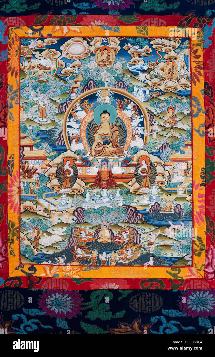 Bunte tibetisch-buddhistische Thangka / Tanka Malerei. Indien Stockfoto