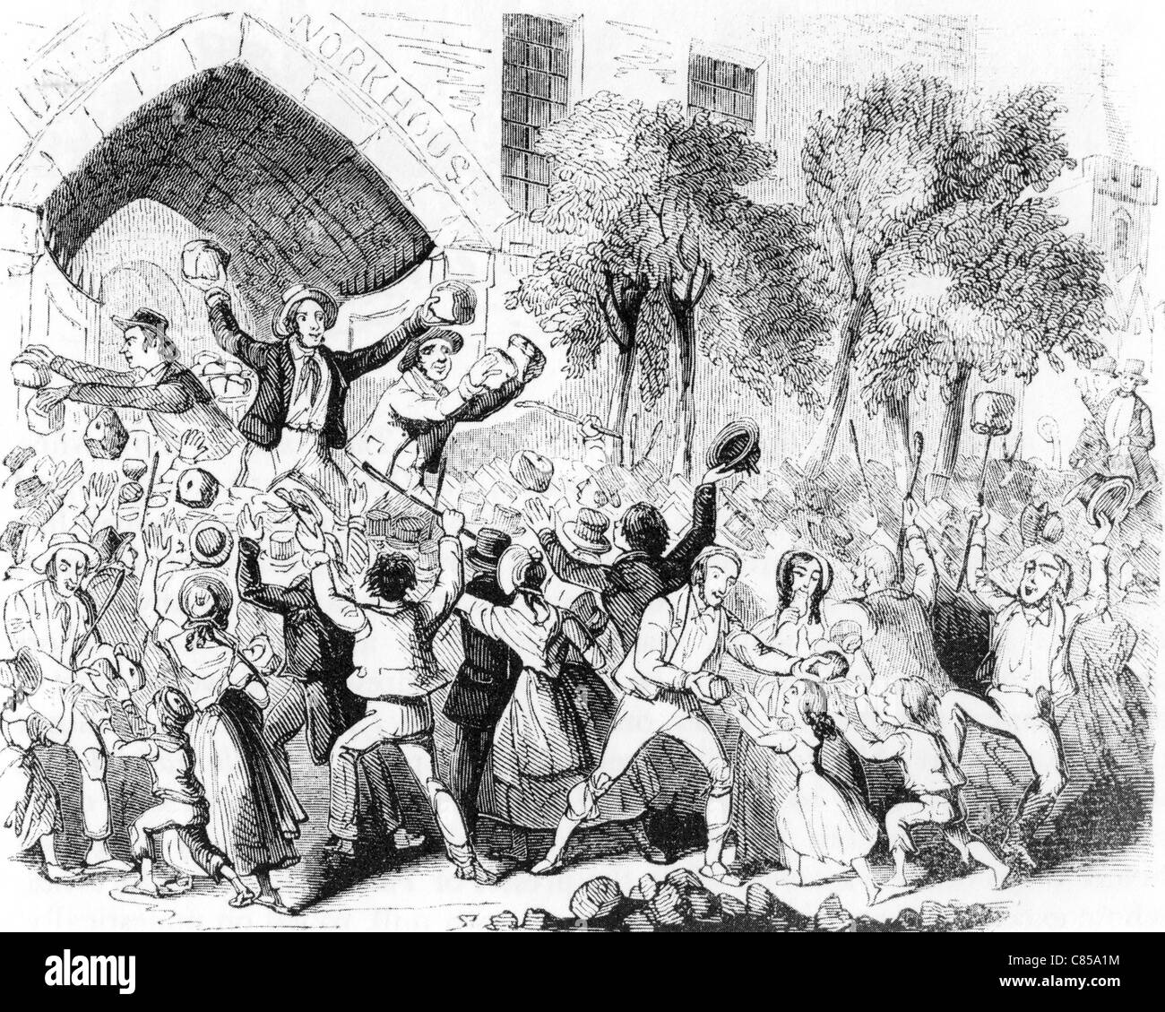 ARBEITSHAUS angegriffen in Stockport, August 1842 als Protest gegen die Armen Law Amendment Act von 1834 Stockfoto