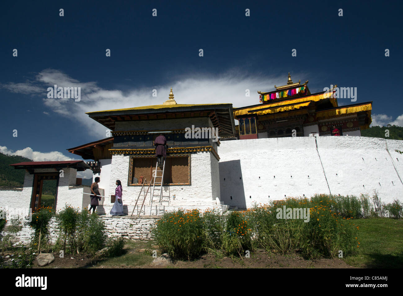 Vorbereitung der Punakha Dzong, Hochzeit Ort für König Jigme Khesar Namgyal Wangchuck Stockfoto