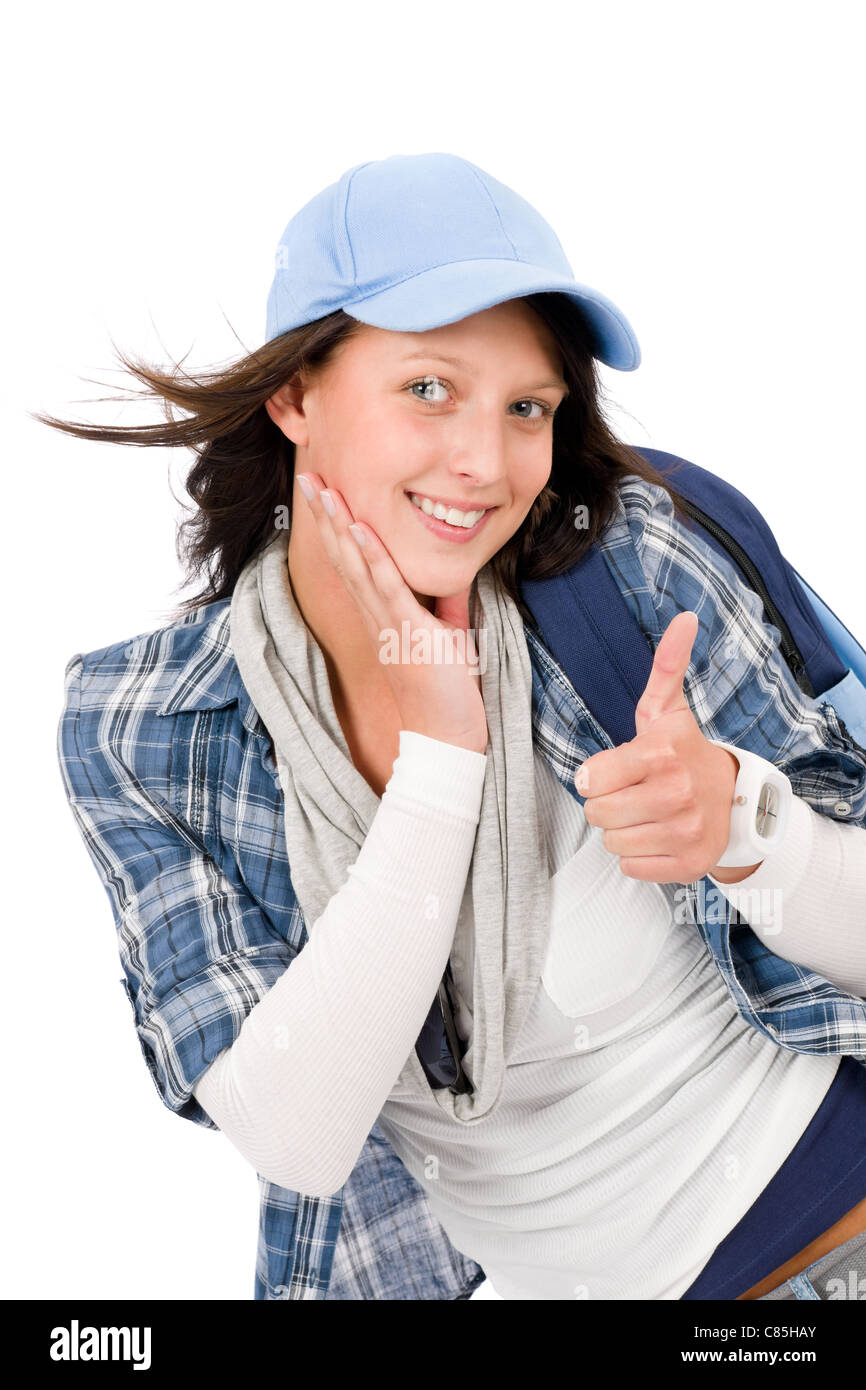 Lachelnde Weibliche Teenager Madchen Tragen Coole Outfit Daumen Stockfotografie Alamy