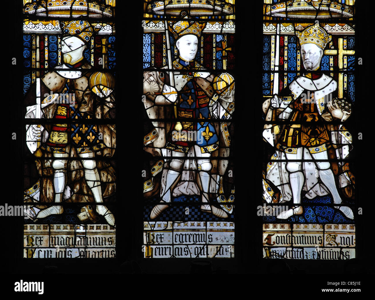 König Henry IV, König Henry V und Konstantin der große Glasmalerei, St. Marien Guildhall, Coventry, UK Stockfoto