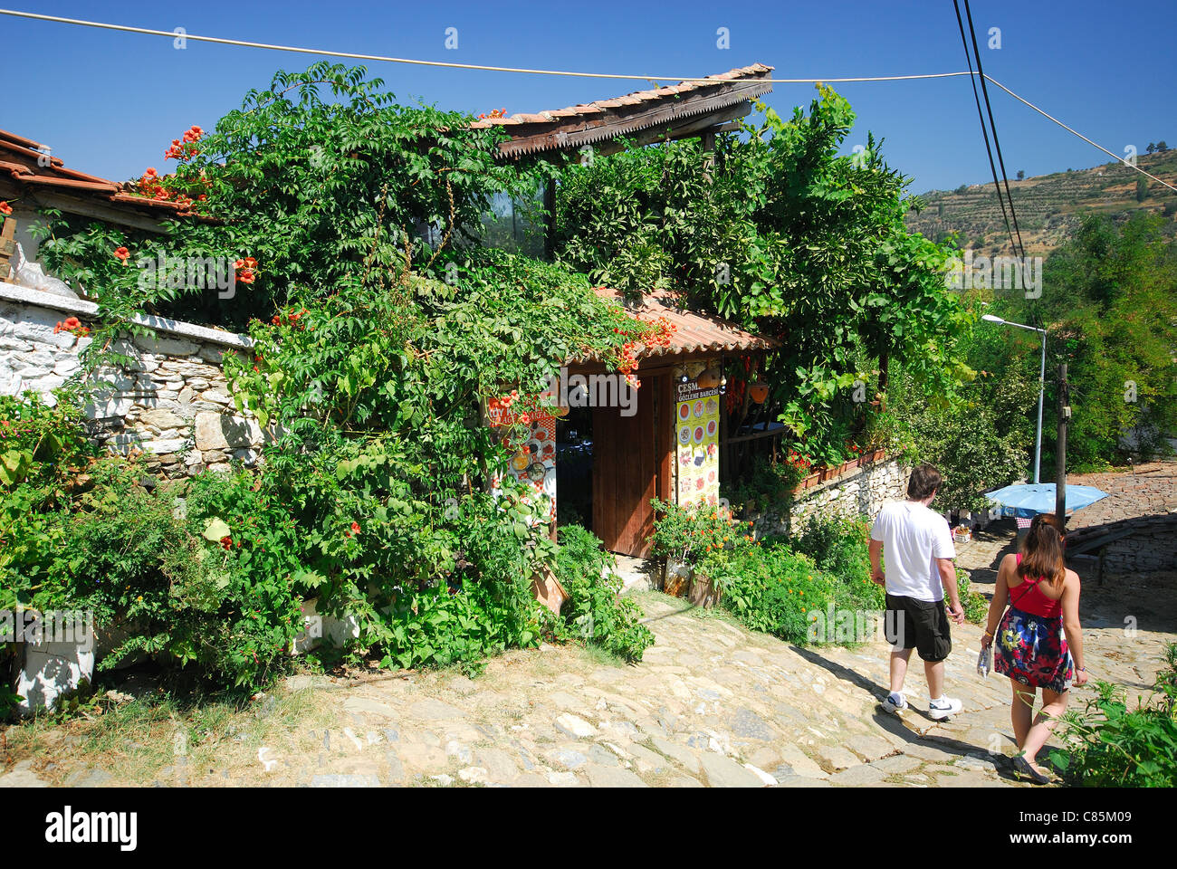 SIRINCE, TÜRKEI. Blick auf einer steilen gepflasterten Straße in der urigen Bergdorf in der Nähe von Selcuk. 2011. Stockfoto