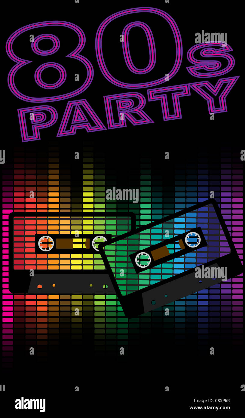 Retro-Party Hintergrund - Retro-Audio-Kassetten und Equalizer auf schwarzem Hintergrund Stockfoto