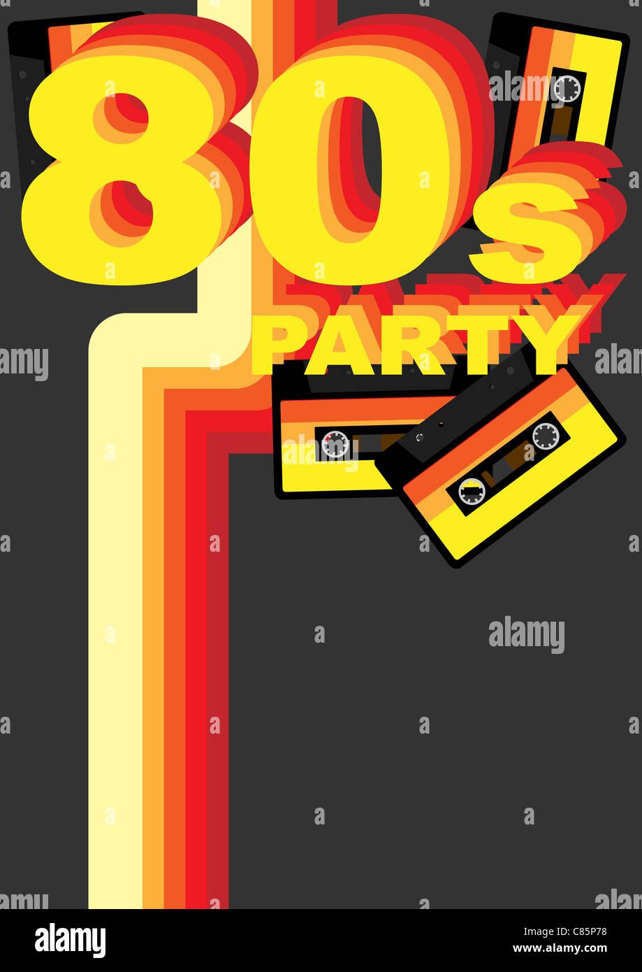 Retro-Party Hintergrund - 80er Jahre Zeichen und Tonband auf dunklen grauen Hintergrund Stockfoto