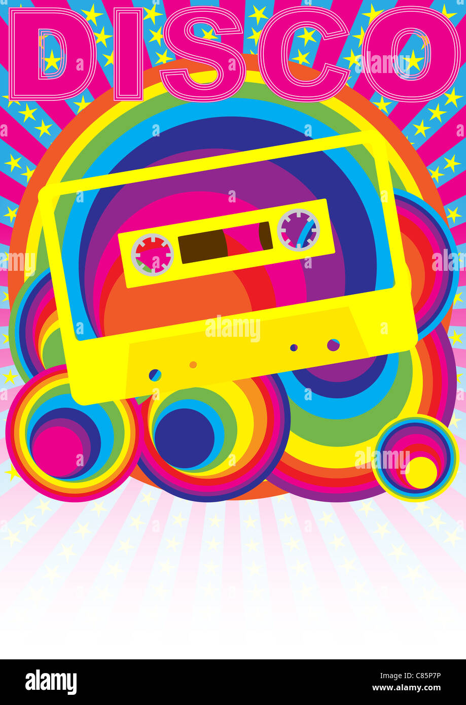 Retro-Party Hintergrund - Audio Kassette Klebeband und Disco Zeichen auf mehrfarbiger Hintergrund Stockfoto