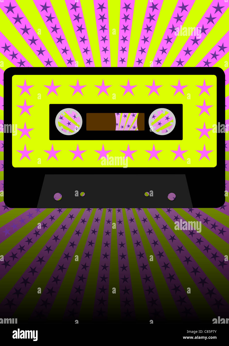 Retro-Party Hintergrund - Audio Kassette Klebeband auf Streifen und Sternen-Hintergrund Stockfoto