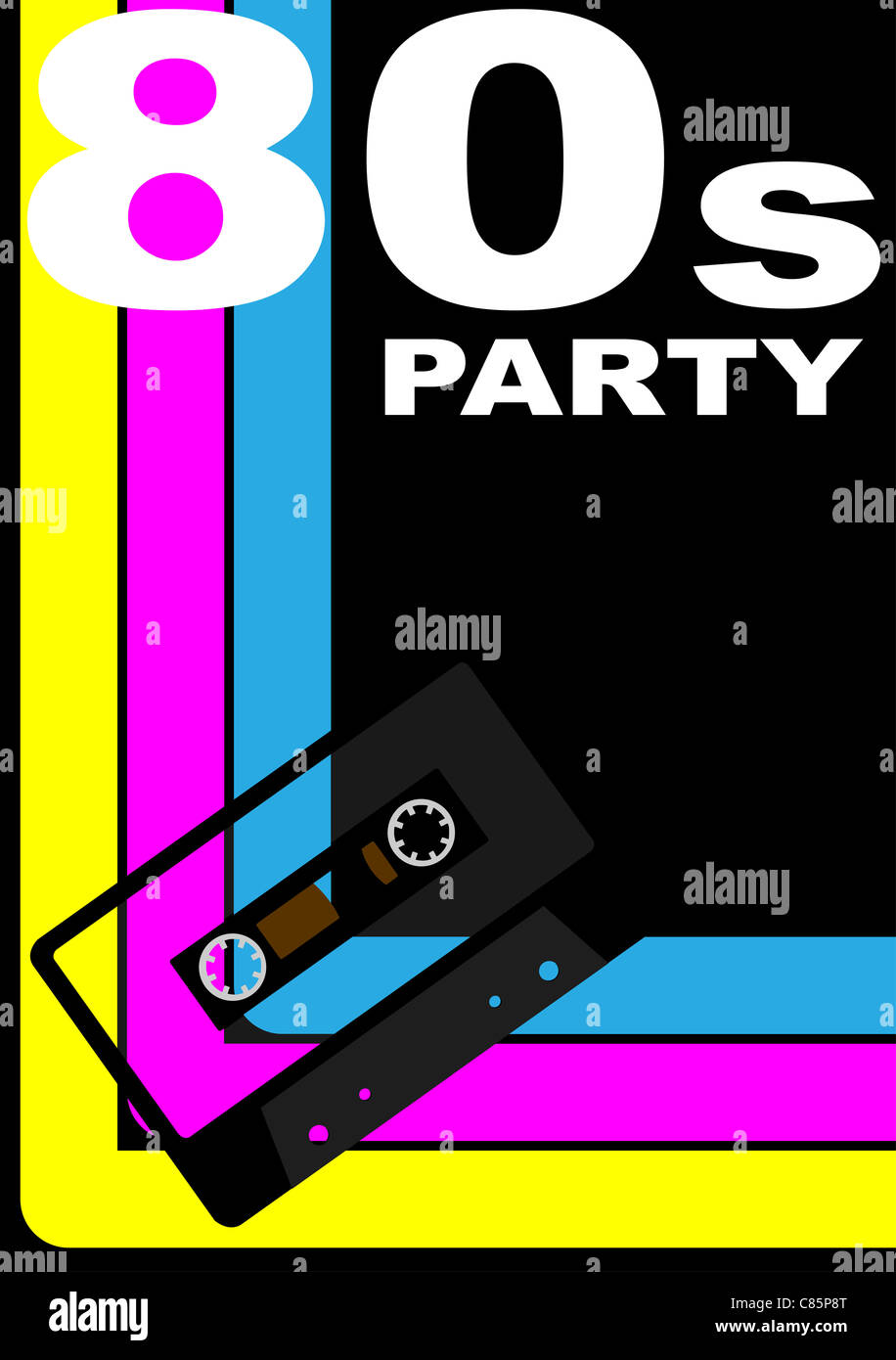 80er Jahre party Design - Retro-Audio-Kassette auf mehrfarbiger Hintergrund Stockfoto